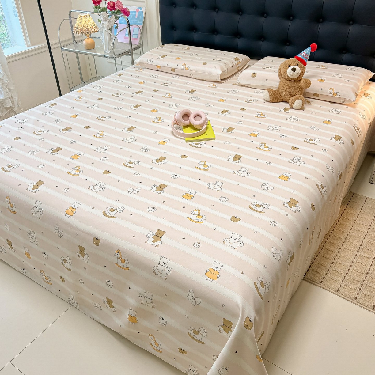 91家纺网 家纺一手货源 找家纺 欧妮家纺 2026新款老粗布床单凉席席子单床单 老粗布-童趣小熊