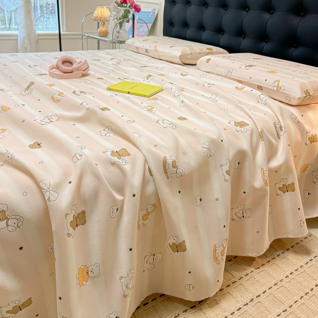 91家纺网 家纺一手货源 找家纺 欧妮家纺 2026新款老粗布床单凉席席子单床单 老粗布-童趣小熊