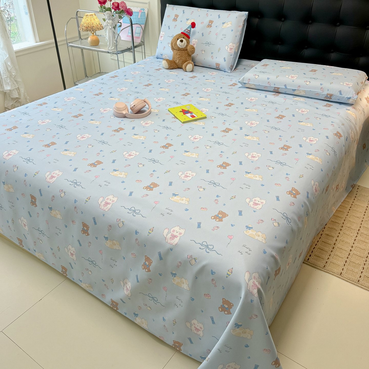 91家纺网 家纺一手货源 找家纺 欧妮家纺 2026新款老粗布床单凉席席子单床单 老粗布-小猫时光蓝