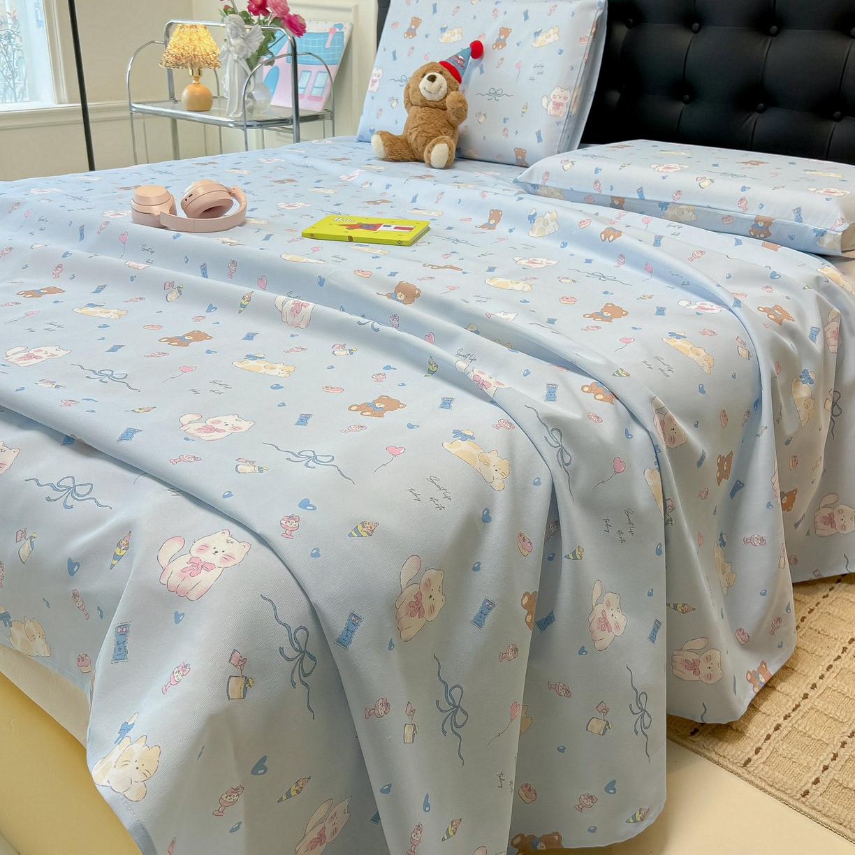 91家纺网 家纺一手货源 找家纺 欧妮家纺 2026新款老粗布床单凉席席子单床单 老粗布-小猫时光蓝