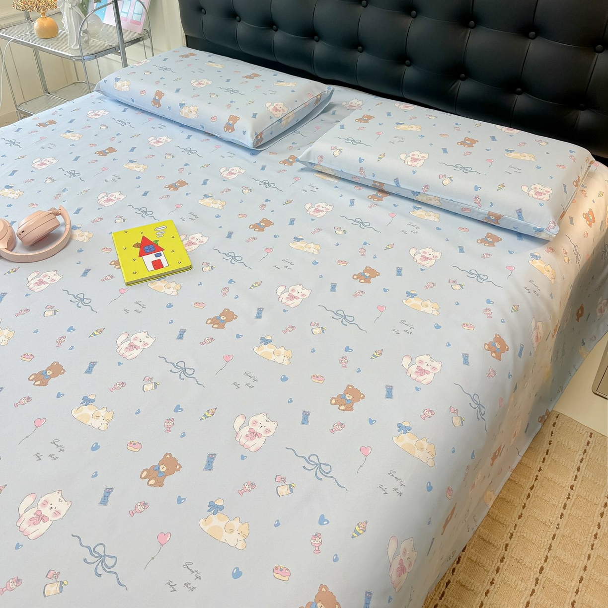 91家纺网 家纺一手货源 找家纺 欧妮家纺 2026新款老粗布床单凉席席子单床单 老粗布-小猫时光蓝