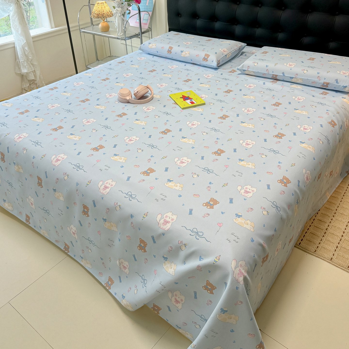 91家纺网 家纺一手货源 找家纺 欧妮家纺 2026新款老粗布床单凉席席子单床单 老粗布-小猫时光蓝