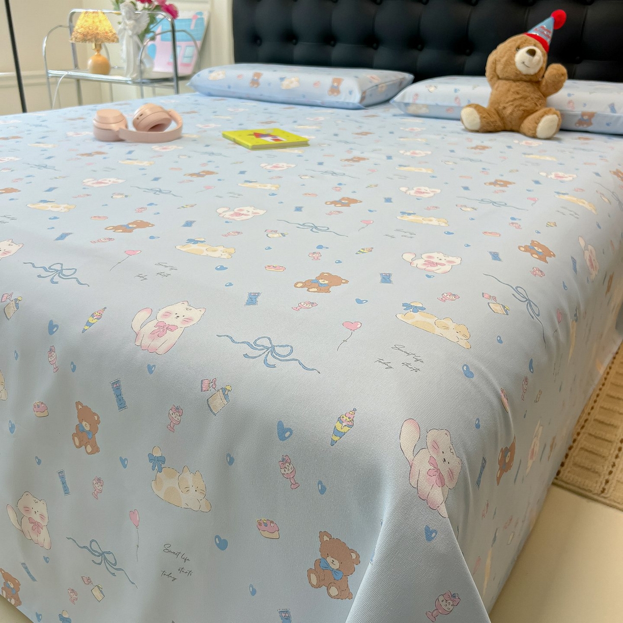 91家纺网 家纺一手货源 找家纺 欧妮家纺 2026新款老粗布床单凉席席子单床单 老粗布-小猫时光蓝