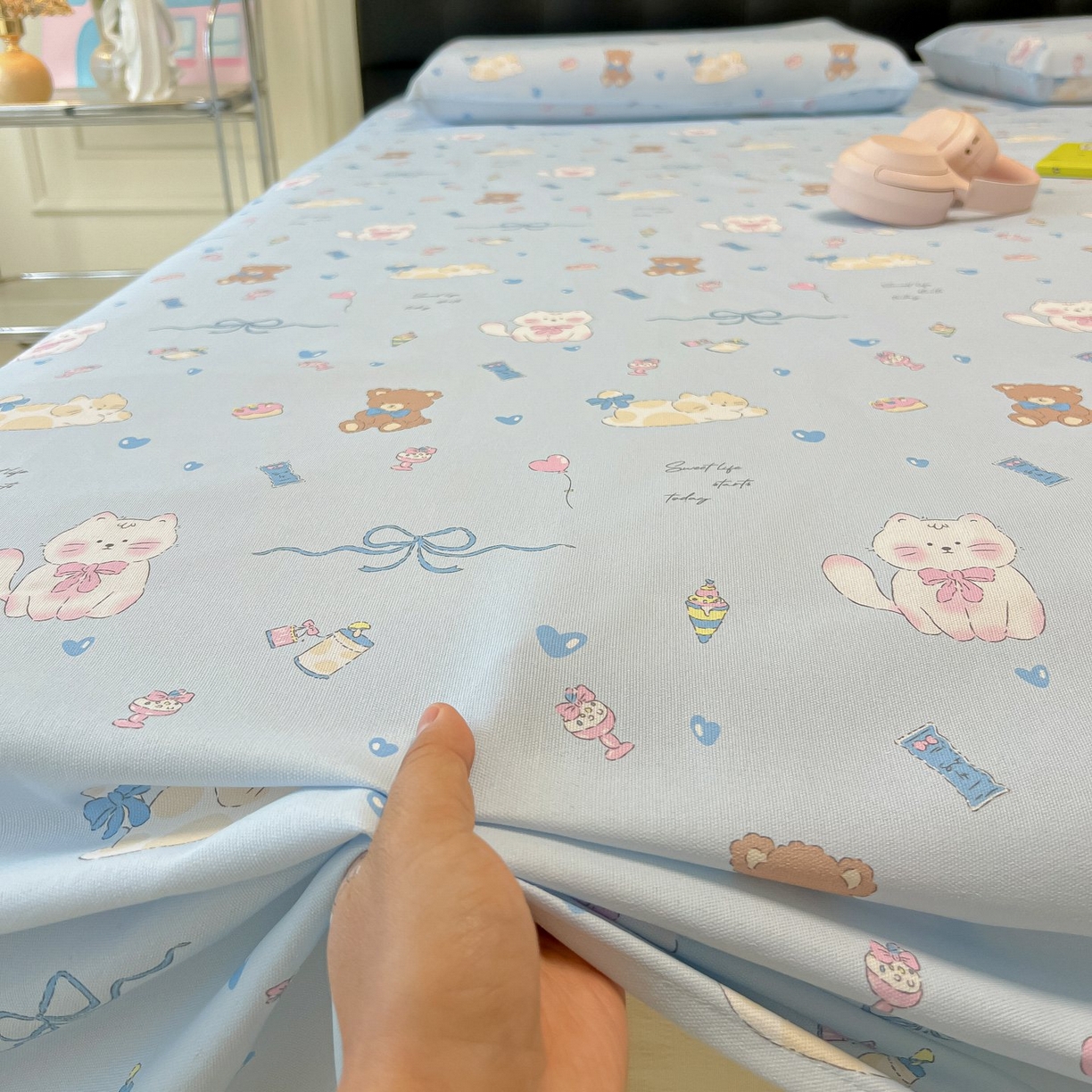 91家纺网 家纺一手货源 找家纺 欧妮家纺 2026新款老粗布床单凉席席子单床单 老粗布-小猫时光蓝