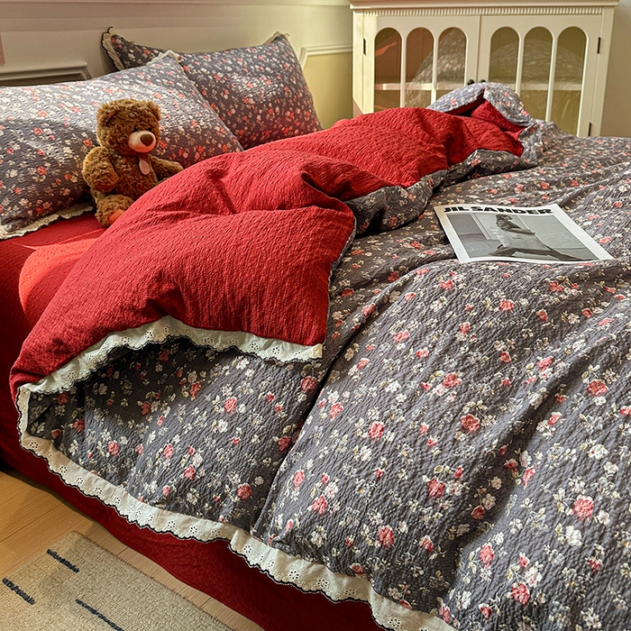 91家纺网 家纺一手货源 找家纺 仟网汇 2026新款法式花边泡芙纱四件套 胭脂花