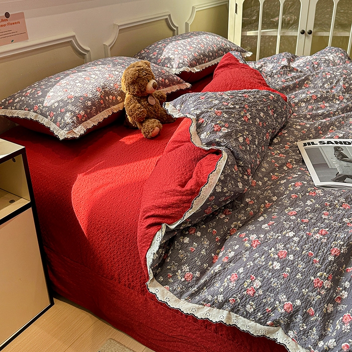 91家纺网 家纺一手货源 找家纺 仟网汇 2026新款法式花边泡芙纱四件套 胭脂花