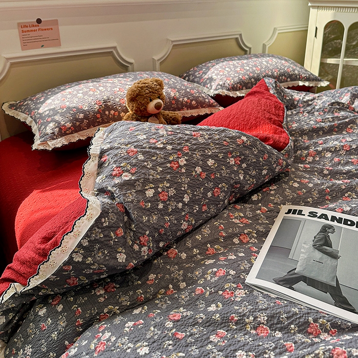 91家纺网 家纺一手货源 找家纺 仟网汇 2026新款法式花边泡芙纱四件套 胭脂花