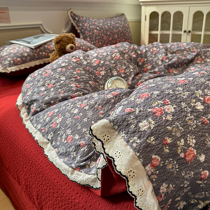 91家纺网 家纺一手货源 找家纺 仟网汇 2026新款法式花边泡芙纱四件套 胭脂花