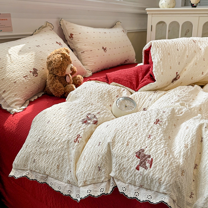 91家纺网 家纺一手货源 找家纺 仟网汇 2026新款法式花边泡芙纱四件套 摇摇木马