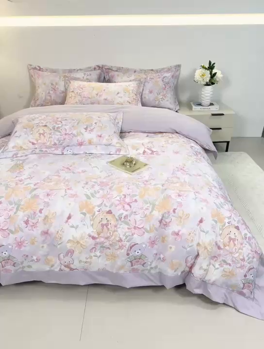 91家纺网 家纺一手货源 找家纺 漫仙阁家纺 2026新款宽边四件套 甜兔花园