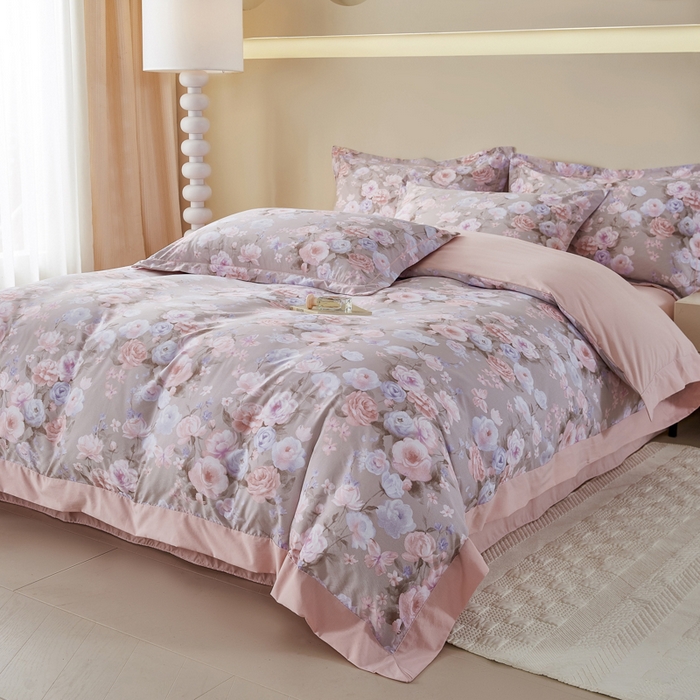 91家纺网 家纺一手货源 找家纺 漫仙阁家纺 2026新款宽边四件套 雾粉玫瑰