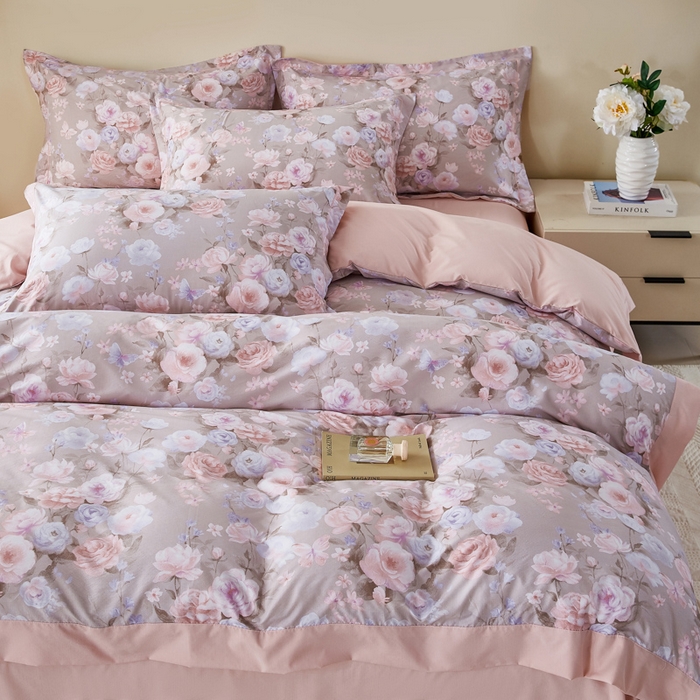 漫仙阁家纺 2026新款宽边四件套 雾粉玫瑰