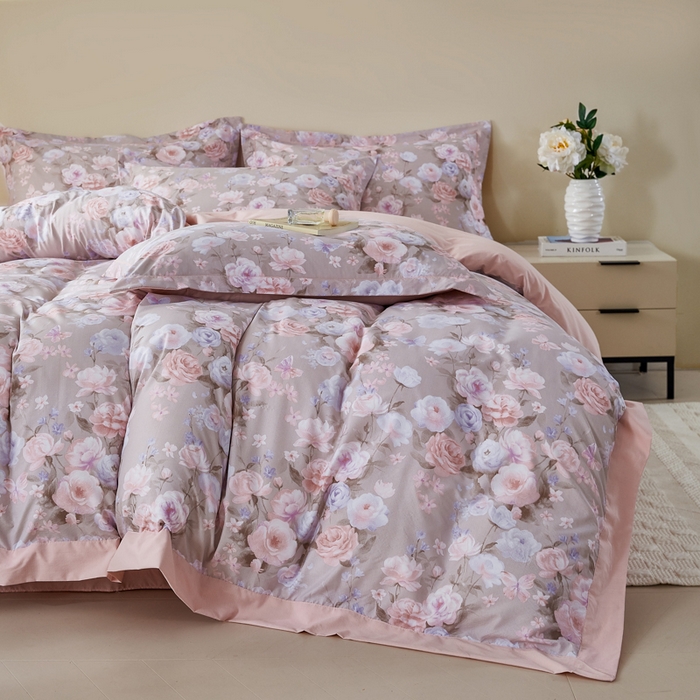 91家纺网 家纺一手货源 找家纺 漫仙阁家纺 2026新款宽边四件套 雾粉玫瑰