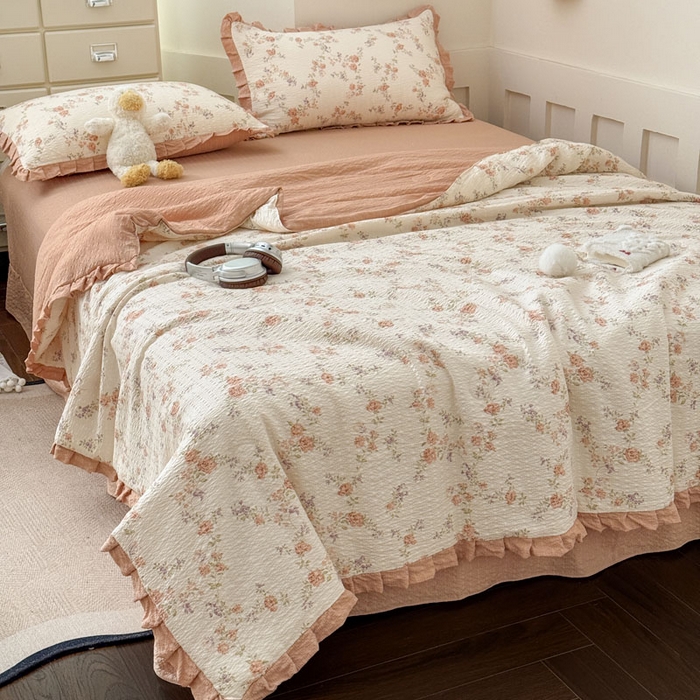 91家纺网 家纺一手货源 找家纺 迪梦姿家纺 2026新款泡芙纱花边款夏被四件套-款式二 春色奶桔