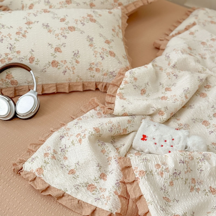 91家纺网 家纺一手货源 找家纺 迪梦姿家纺 2026新款泡芙纱花边款夏被四件套-款式二 春色奶桔