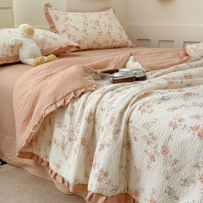 迪梦姿家纺 2026新款泡芙纱花边款夏被四件套-款式二 春色奶桔