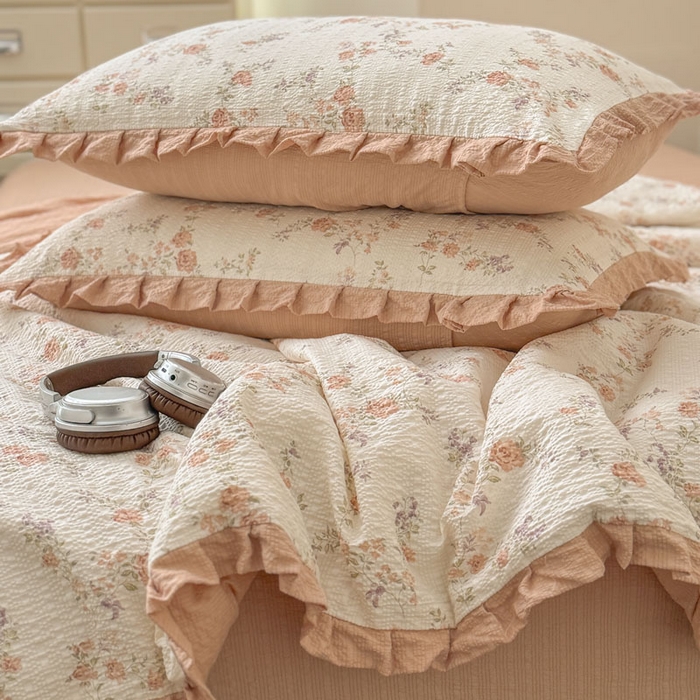 91家纺网 家纺一手货源 找家纺 迪梦姿家纺 2026新款泡芙纱花边款夏被四件套-款式二 春色奶桔