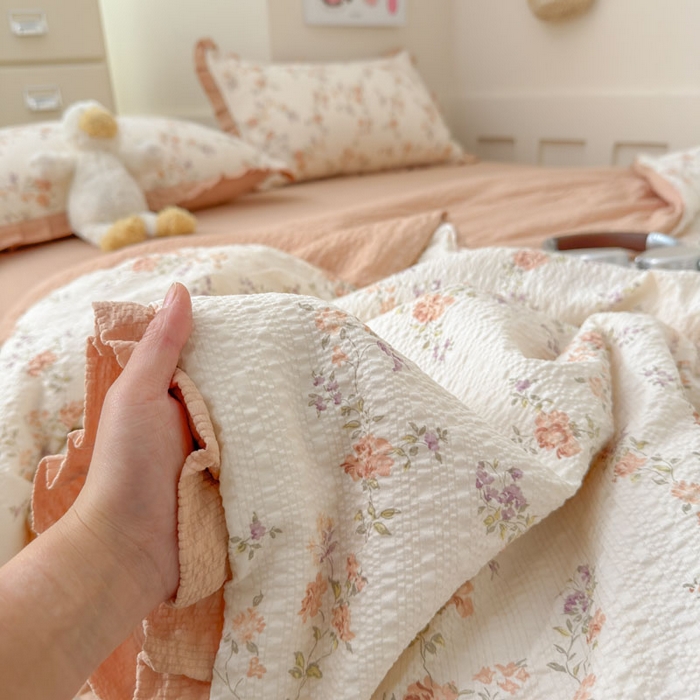 91家纺网 家纺一手货源 找家纺 迪梦姿家纺 2026新款泡芙纱花边款夏被四件套-款式二 春色奶桔