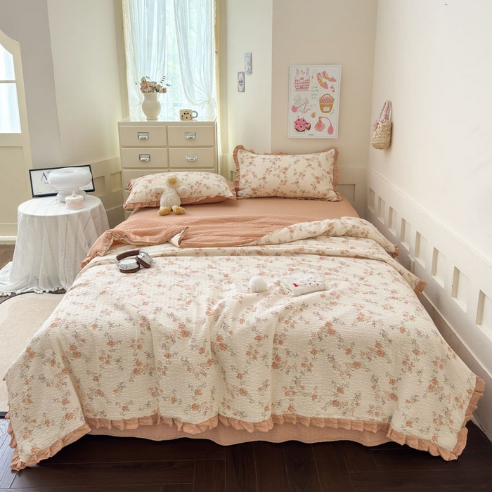 91家纺网 家纺一手货源 找家纺 迪梦姿家纺 2026新款泡芙纱花边款夏被四件套-款式二 春色奶桔