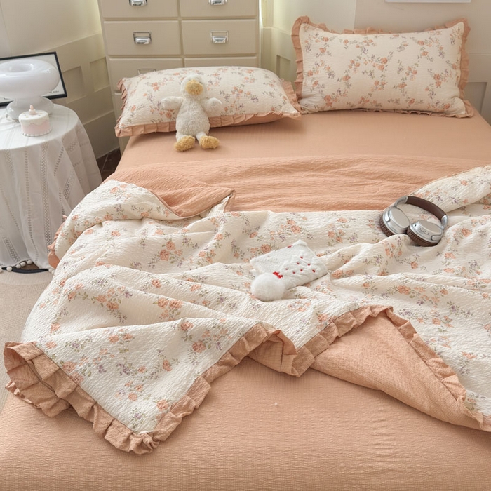 91家纺网 家纺一手货源 找家纺 迪梦姿家纺 2026新款泡芙纱花边款夏被四件套-款式二 春色奶桔