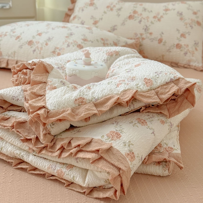 91家纺网 家纺一手货源 找家纺 迪梦姿家纺 2026新款泡芙纱花边款夏被四件套-款式二 春色奶桔