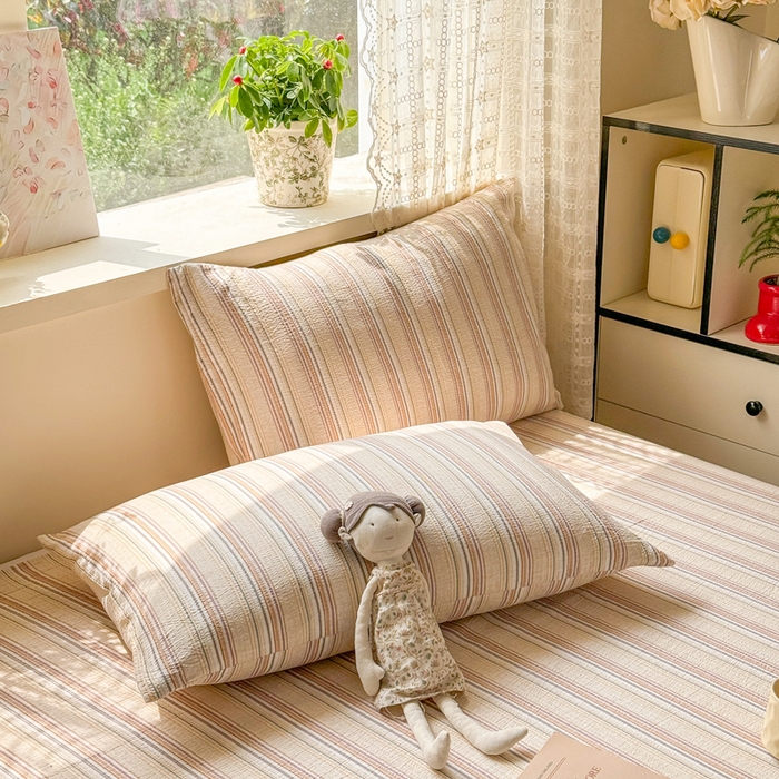 91家纺网 家纺一手货源 找家纺 丝芙妮家居 2026春夏新款皱皱棉双层纱泡芙棉床单 床单单件 晨光-黄