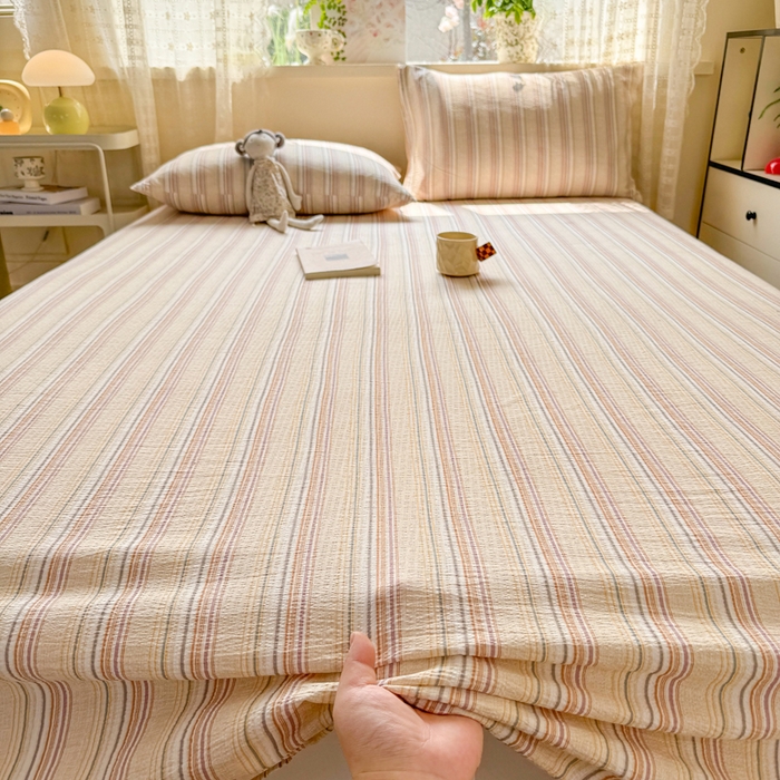 91家纺网 家纺一手货源 找家纺 丝芙妮家居 2026春夏新款皱皱棉双层纱泡芙棉床单 床单单件 晨光-黄