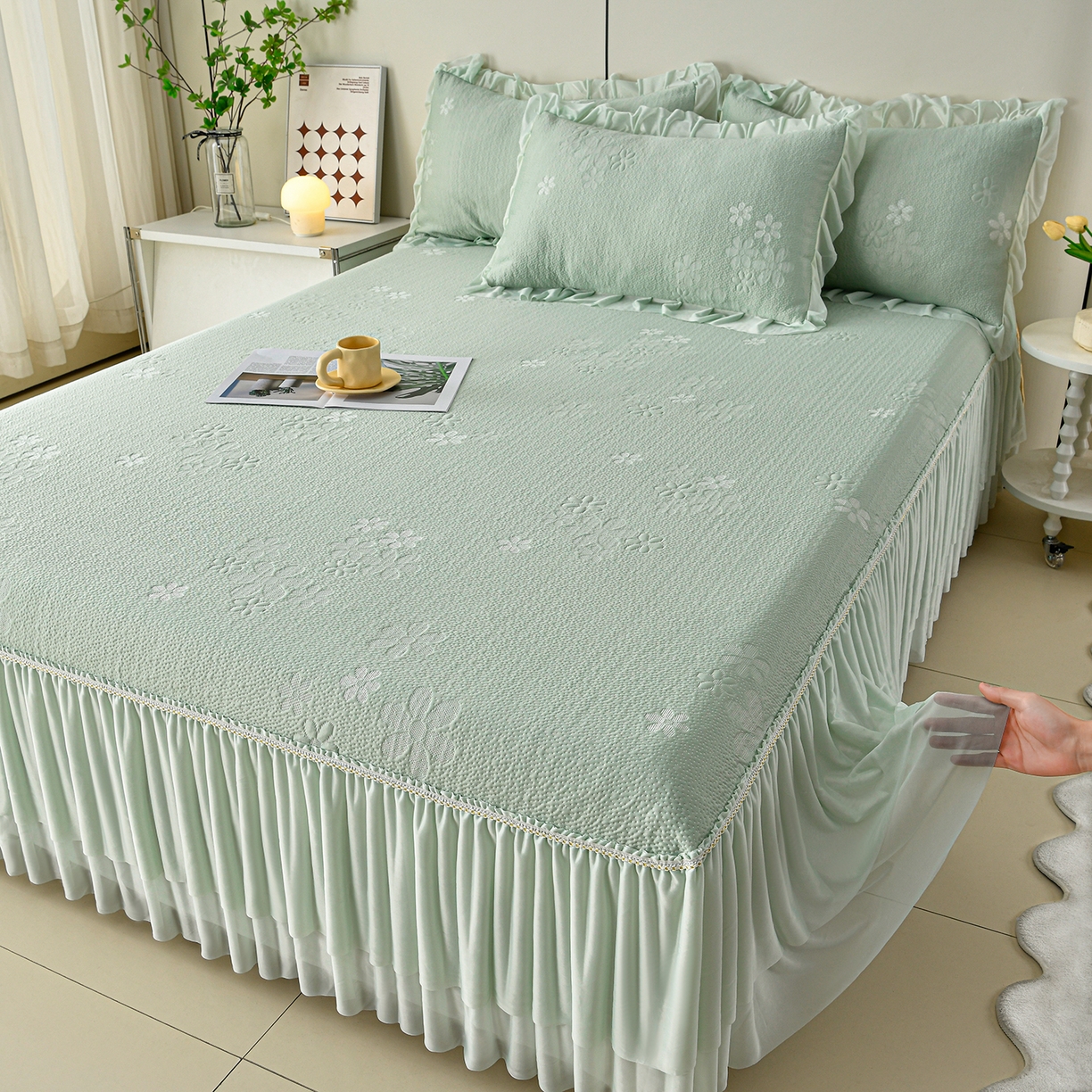 91家纺网 家纺一手货源 找家纺 民新家纺 2026新款3D立体冰豆豆凉席席子床裙三件套 香漫-绿