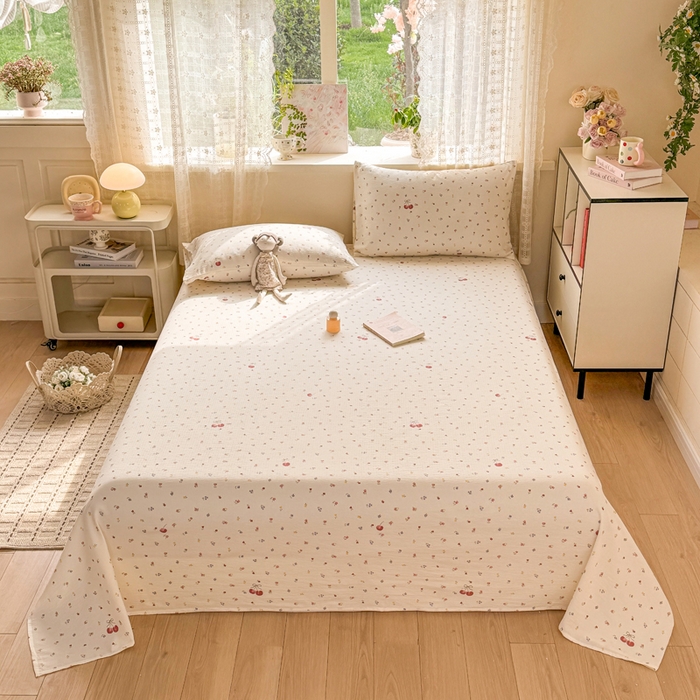 91家纺网 家纺一手货源 找家纺 丝芙妮家居 2026春夏新款皱皱棉双层纱泡芙棉床单 床单单件 樱桃