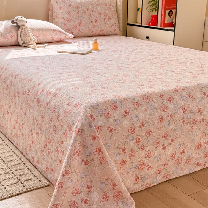 91家纺网 家纺一手货源 找家纺 丝芙妮家居 2026春夏新款皱皱棉双层纱泡芙棉床单 床单单件 花簇