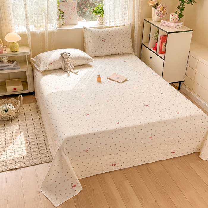 91家纺网 家纺一手货源 找家纺 丝芙妮家居 2026春夏新款皱皱棉双层纱泡芙棉床单 床单单件 樱桃