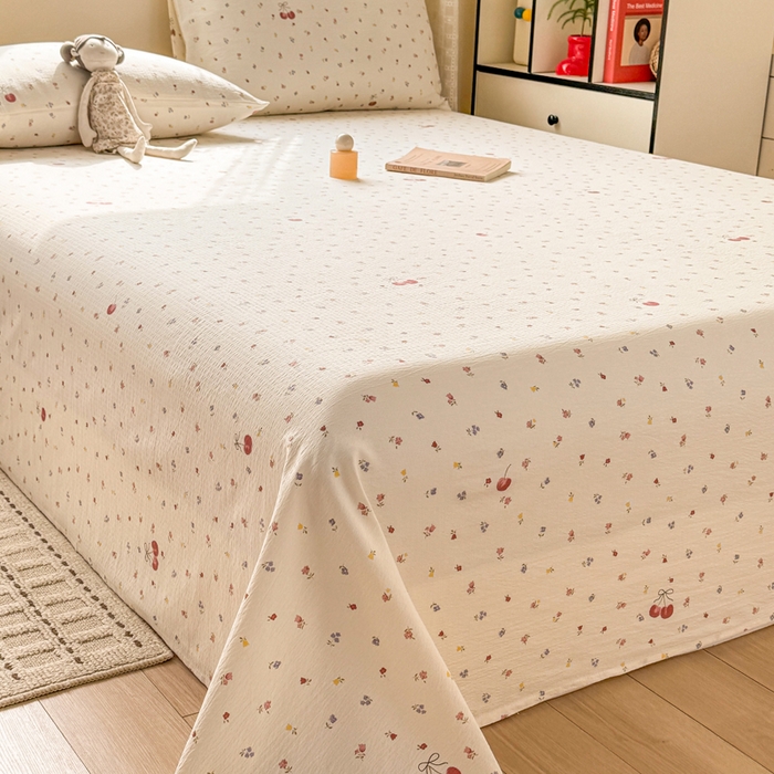 91家纺网 家纺一手货源 找家纺 丝芙妮家居 2026春夏新款皱皱棉双层纱泡芙棉床单 床单单件 樱桃