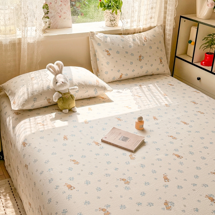 91家纺网 家纺一手货源 找家纺 丝芙妮家居 2026春夏新款皱皱棉双层纱泡芙棉床单 床单单件 牧歌