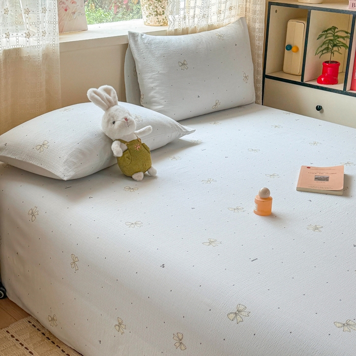 91家纺网 家纺一手货源 找家纺 丝芙妮家居 2026春夏新款皱皱棉双层纱泡芙棉床单 床单单件 云蝶-兰