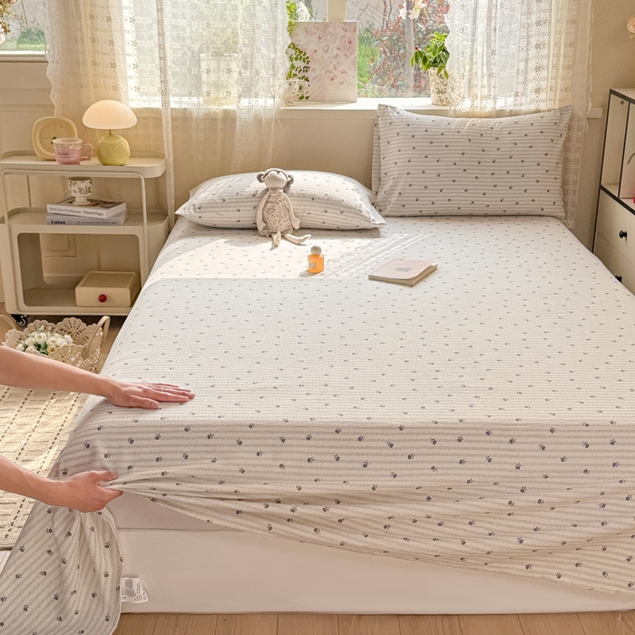 91家纺网 家纺一手货源 找家纺 丝芙妮家居 2026春夏新款皱皱棉双层纱泡芙棉床单 床单单件 知锦