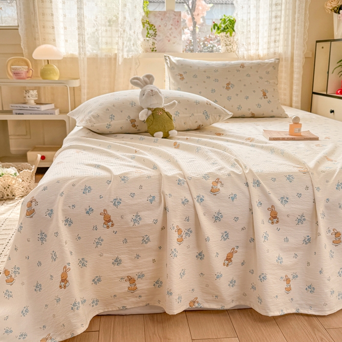 91家纺网 家纺一手货源 找家纺 丝芙妮家居 2026春夏新款皱皱棉双层纱泡芙棉床单 床单单件 牧歌