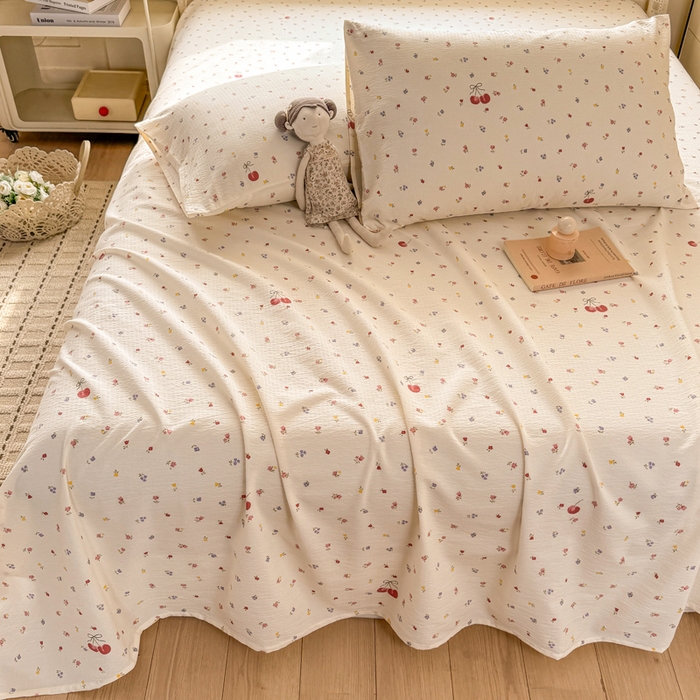 91家纺网 家纺一手货源 找家纺 丝芙妮家居 2026春夏新款皱皱棉双层纱泡芙棉床单 床单单件 樱桃