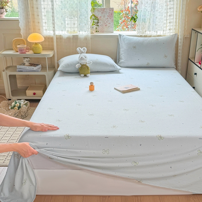 91家纺网 家纺一手货源 找家纺 丝芙妮家居 2026春夏新款皱皱棉双层纱泡芙棉床单 床单单件 云蝶-兰