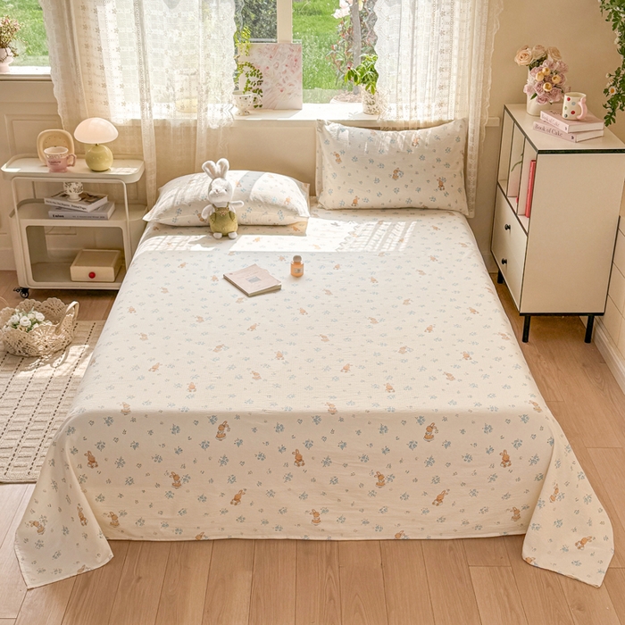 91家纺网 家纺一手货源 找家纺 丝芙妮家居 2026春夏新款皱皱棉双层纱泡芙棉床单 床单单件 牧歌