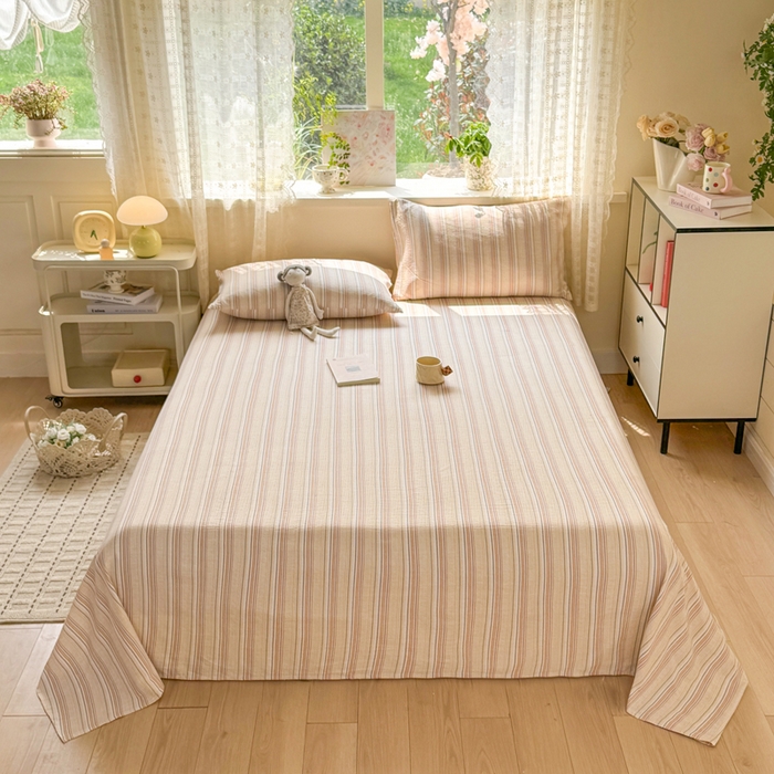 91家纺网 家纺一手货源 找家纺 丝芙妮家居 2026春夏新款皱皱棉双层纱泡芙棉床单 床单单件 晨光-黄