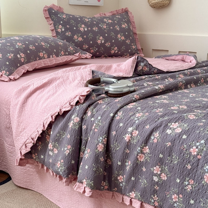 迪梦姿家纺 2026新款泡芙纱花边款夏被四件套-款式二 花漾樱花粉