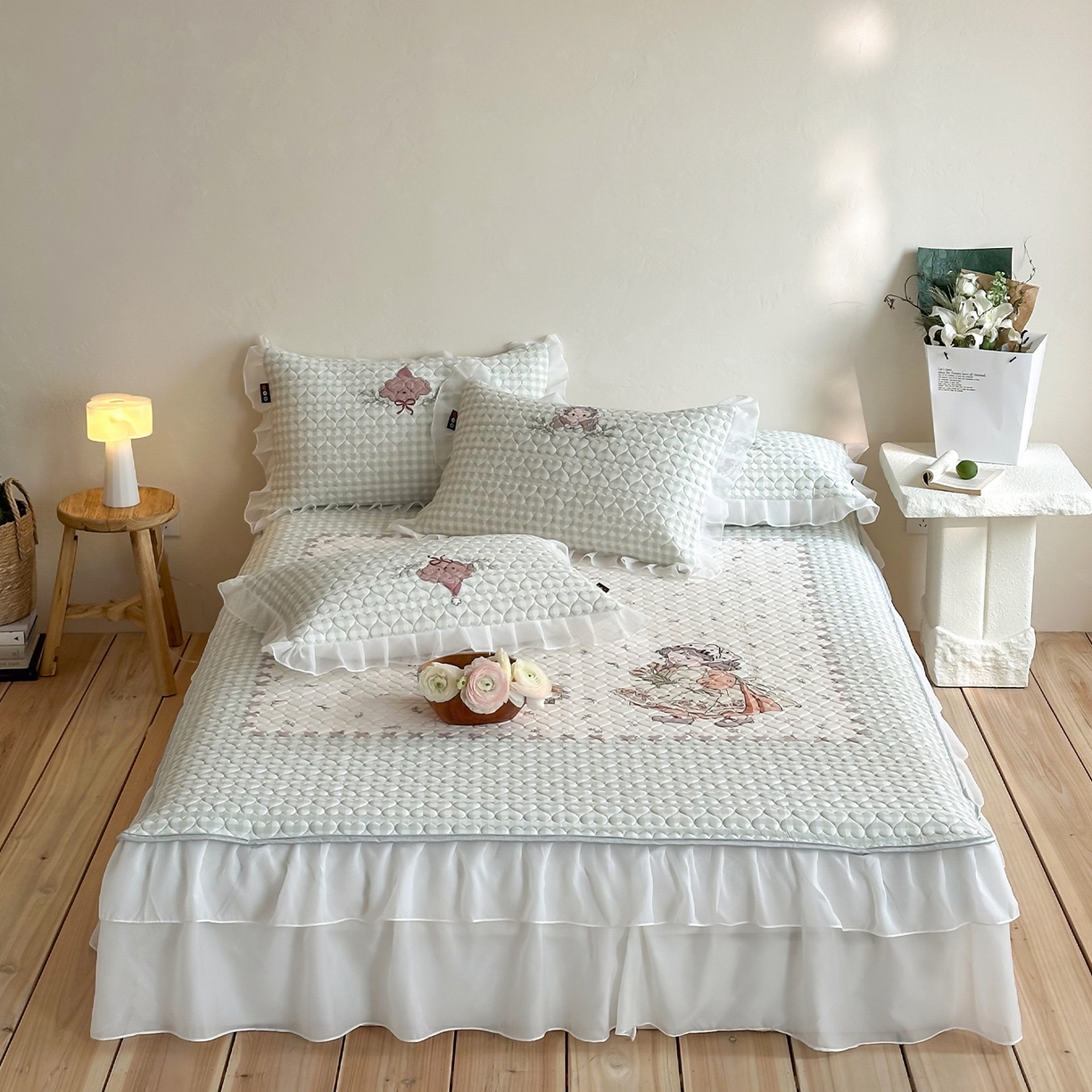 RYB红黄兰 2026新款ins床裙款大版冰皮凉感水洗乳胶加厚6mm凉席席子三件套 浅草月野