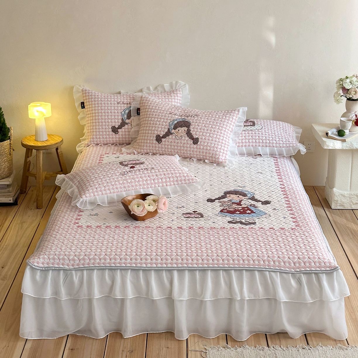 RYB红黄兰 2026新款ins床裙款大版冰皮凉感水洗乳胶加厚6mm凉席席子三件套 粉粉蛋糕