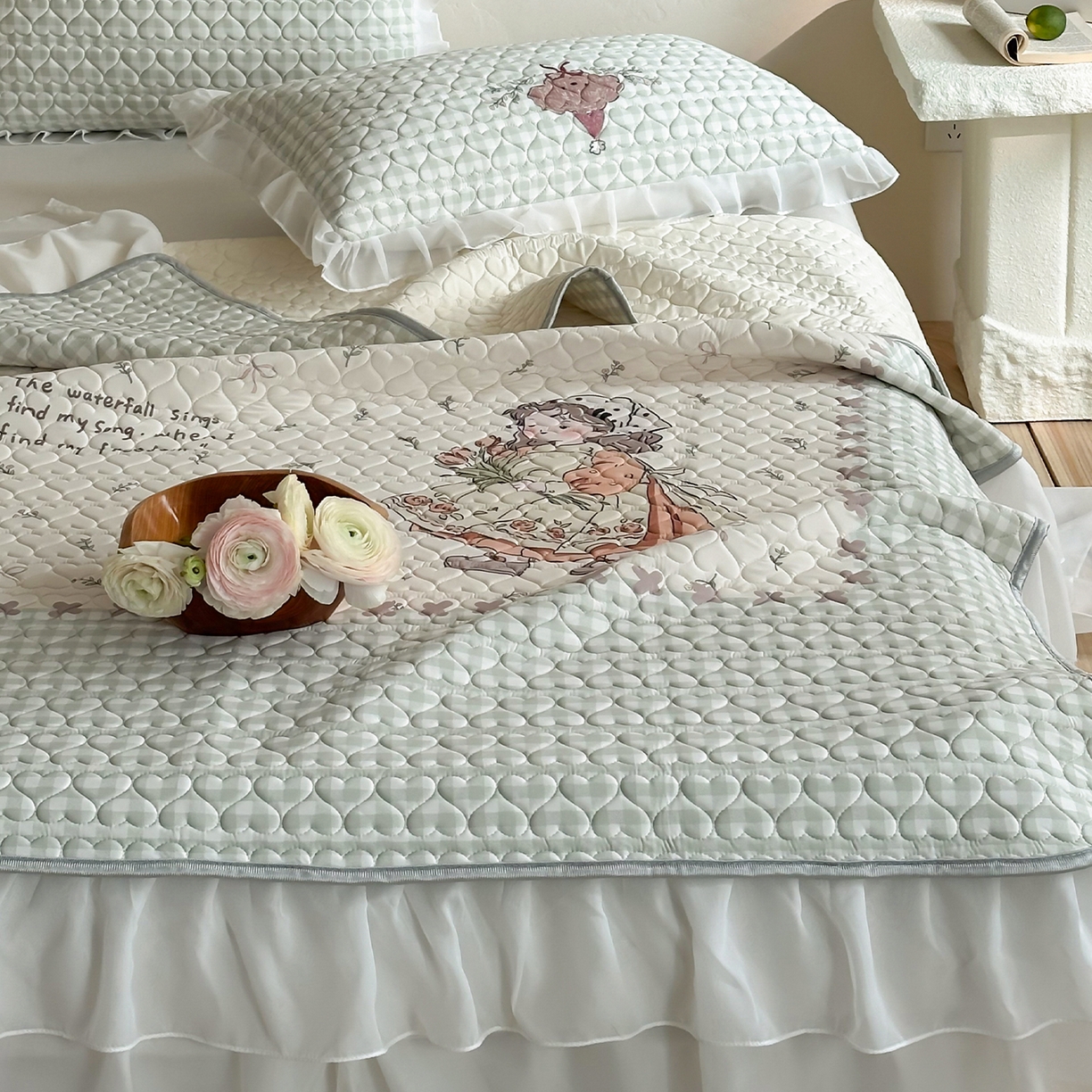 91家纺网 家纺一手货源 找家纺 RYB红黄兰 2026新款ins床裙款大版冰皮凉感水洗乳胶加厚6mm凉席席子三件套 浅草月野