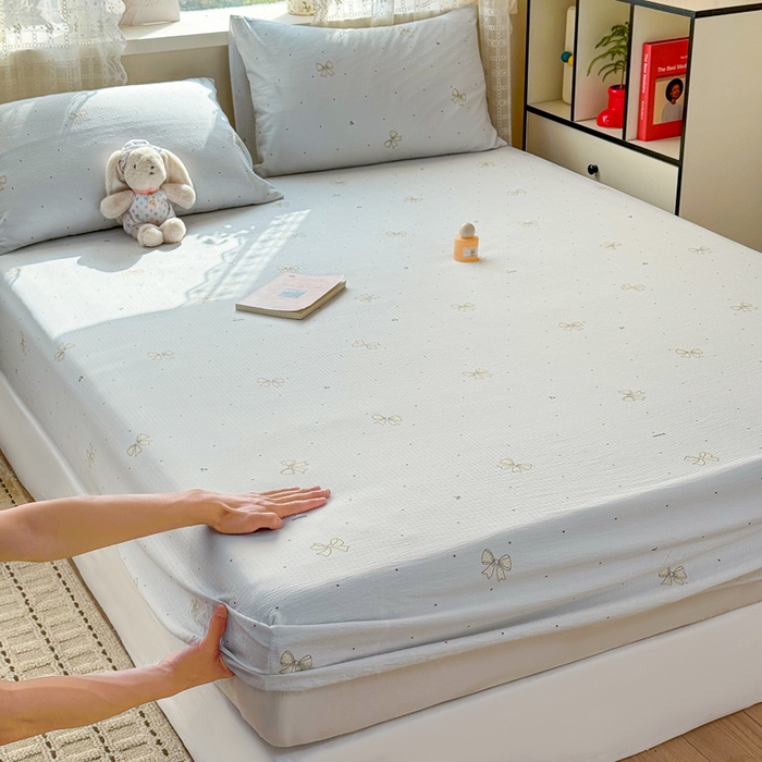 91家纺网 家纺一手货源 找家纺 （总）丝芙妮家居 2026春夏新款皱皱棉双层纱泡芙棉床笠 床笠单件