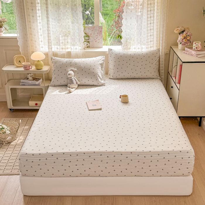 91家纺网 家纺一手货源 找家纺 丝芙妮家居 2026春夏新款皱皱棉双层纱泡芙棉床笠 床笠单件 知锦