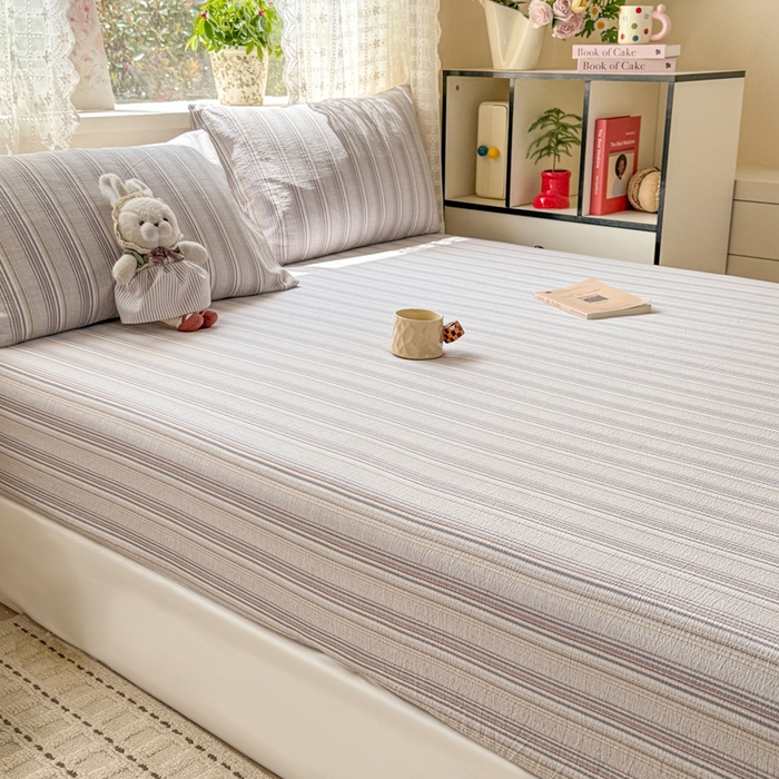 91家纺网 家纺一手货源 找家纺 丝芙妮家居 2026春夏新款皱皱棉双层纱泡芙棉床笠 床笠单件 晨光-灰