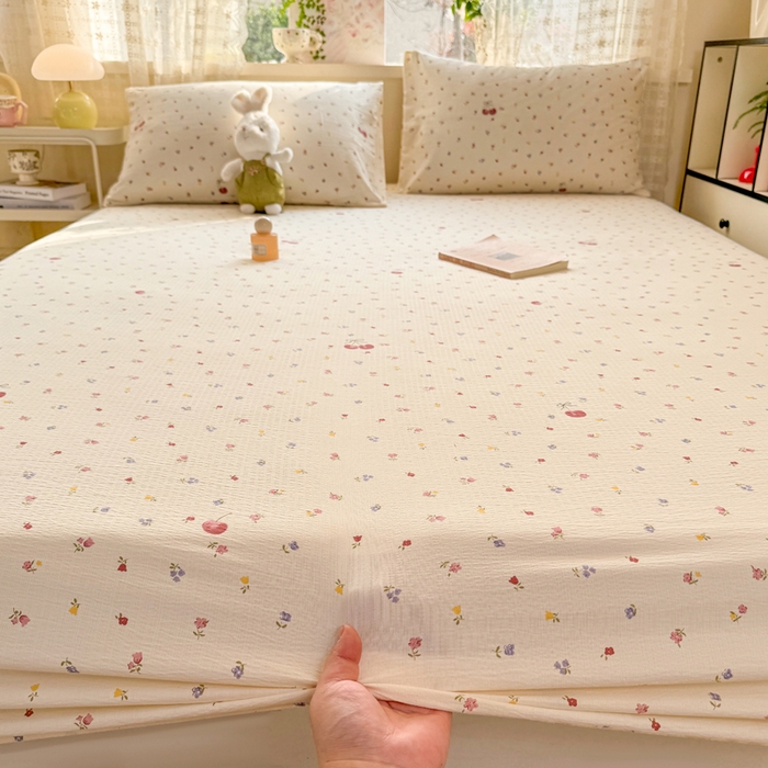 91家纺网 家纺一手货源 找家纺 丝芙妮家居 2026春夏新款皱皱棉双层纱泡芙棉床笠 床笠单件 樱桃