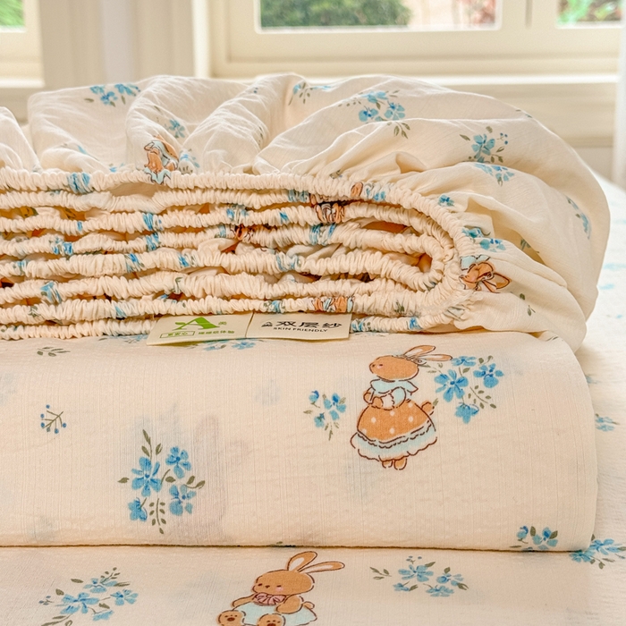 91家纺网 家纺一手货源 找家纺 丝芙妮家居 2026春夏新款皱皱棉双层纱泡芙棉床笠 床笠单件 组合图仅供展示不可下单