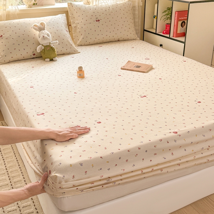 丝芙妮家居 2026春夏新款皱皱棉双层纱泡芙棉床笠 床笠单件 樱桃